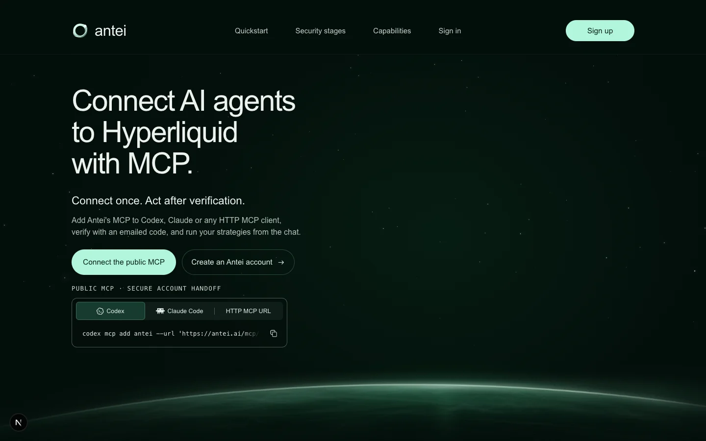 The repository’s real public MCP page shows client-specific connection options before account access is granted.