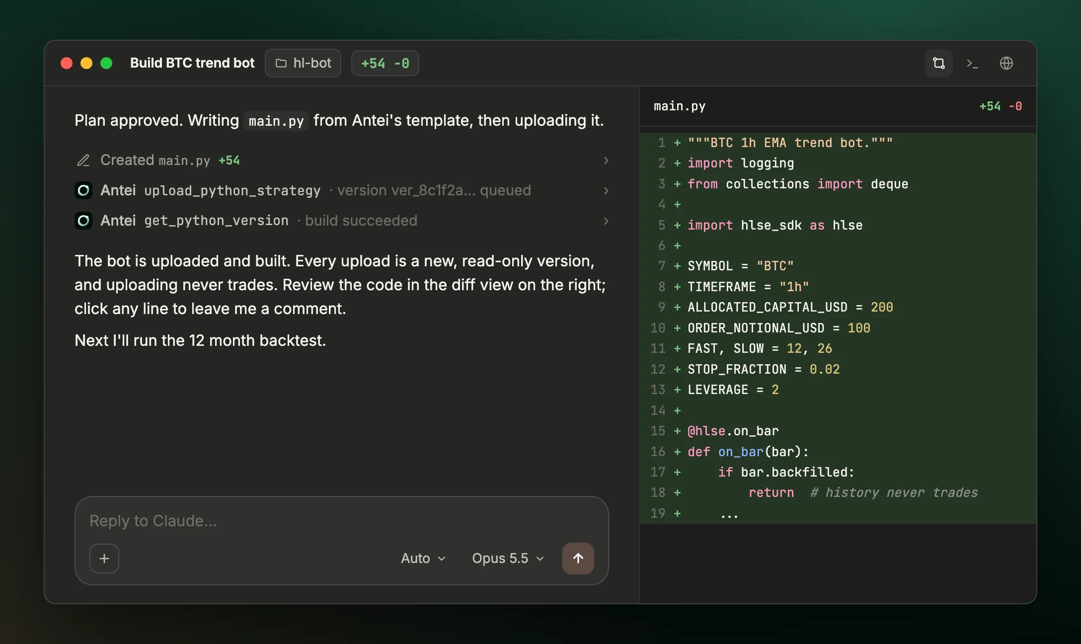 Claude desktop app with the chat on the left and the diff view on the right showing the new main.py file for the Hyperliquid bot