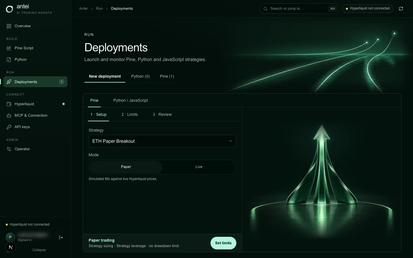 Paper and live are separate deployment modes; only live can submit real orders.