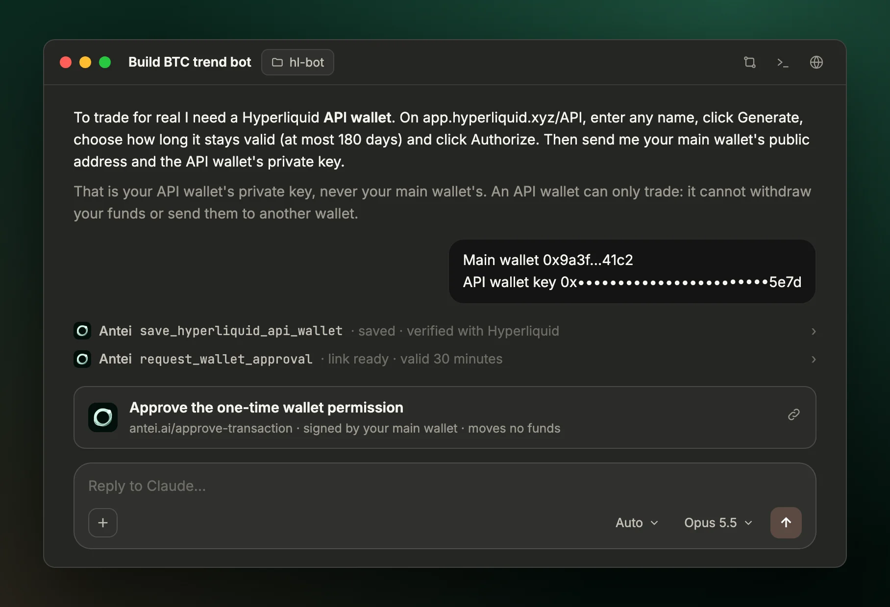 Claude desktop chat explaining the Hyperliquid API wallet, saving it with Antei, and showing a link card to approve the one-time wallet permission