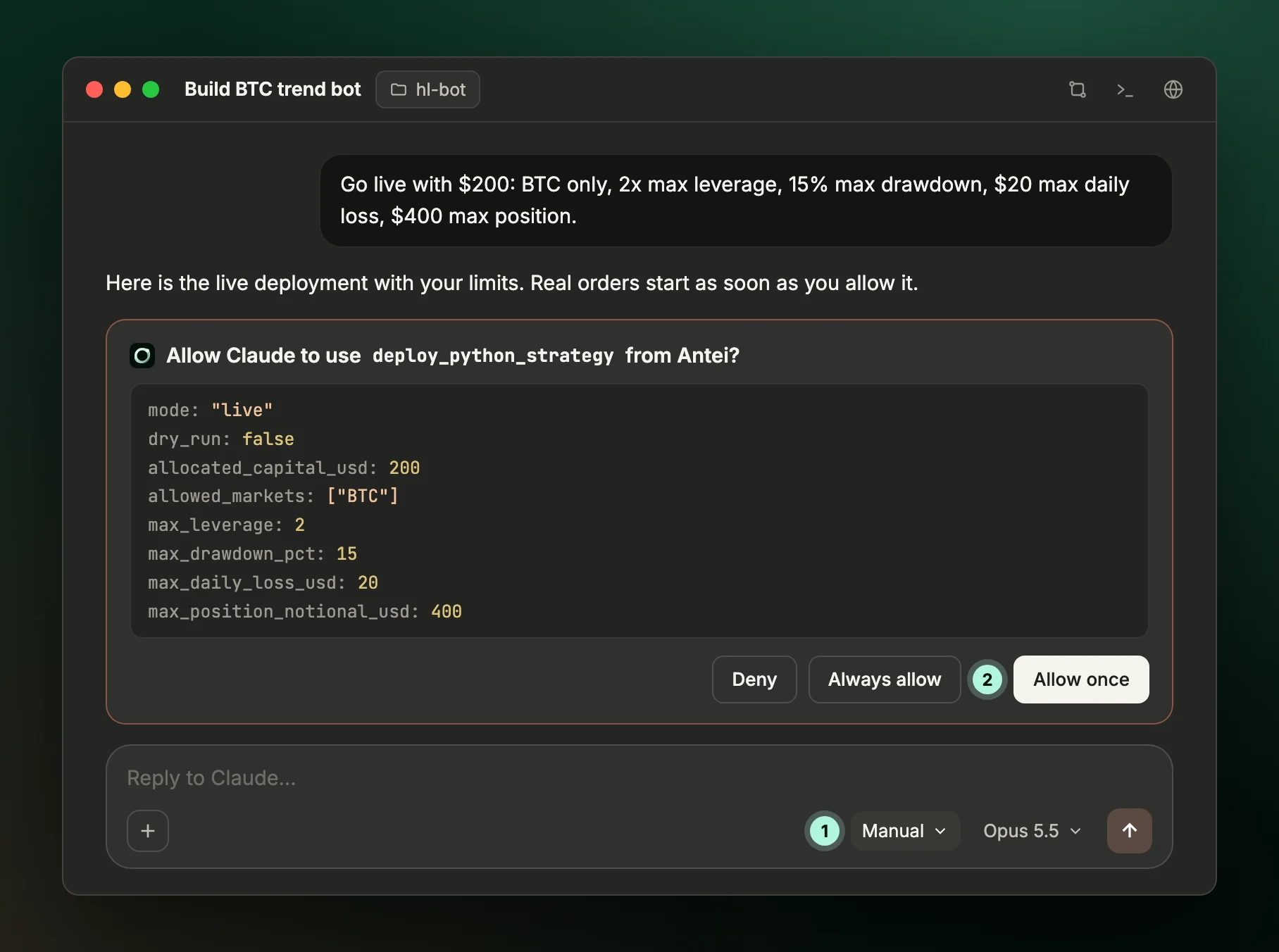 Claude desktop permission card asking to allow Antei's deploy_python_strategy tool with mode live, dry_run false and five risk limits, while the session is in Manual mode