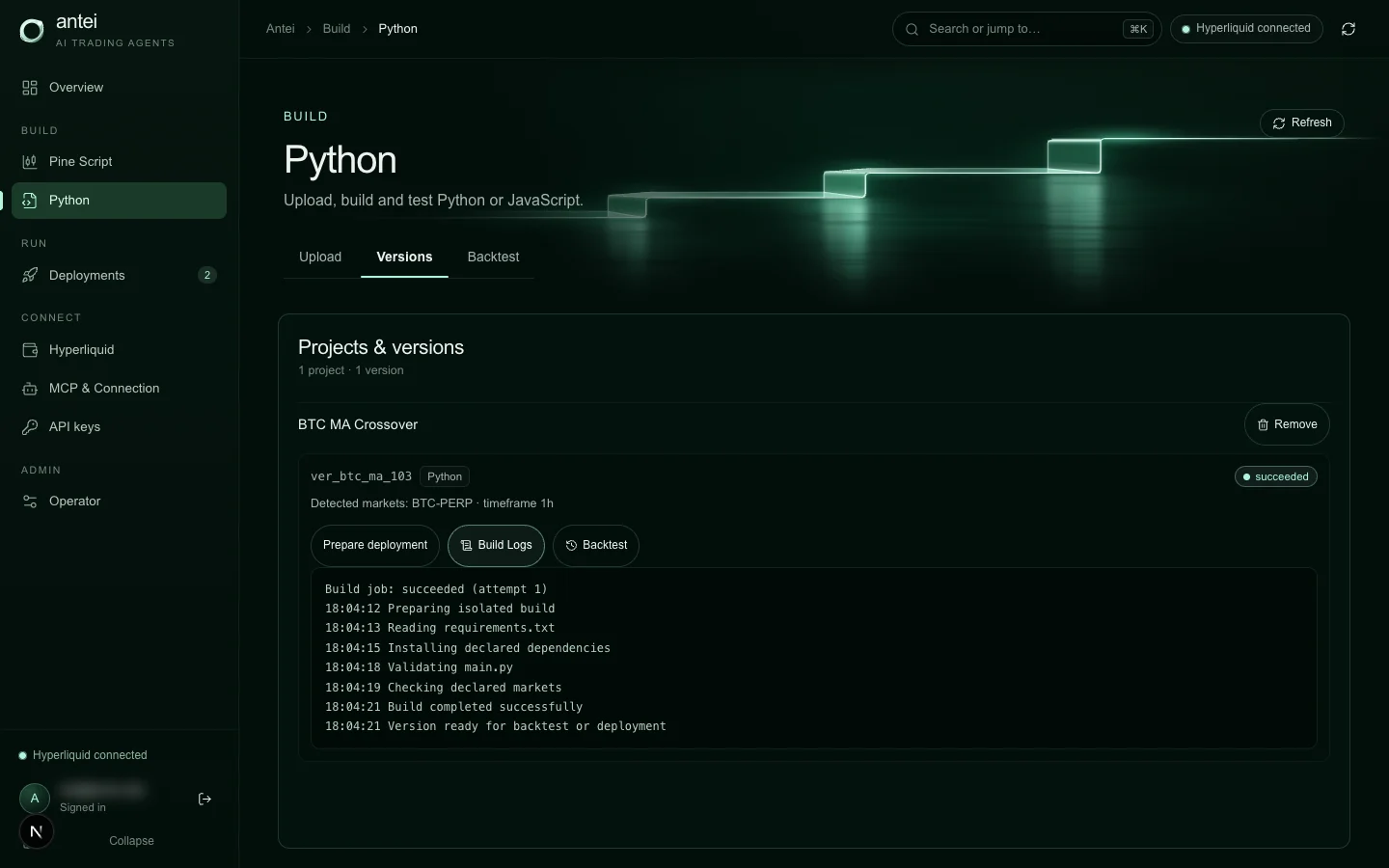 Build status and logs are visible in the real Antei console; the assistant can inspect the same version through scoped tools.