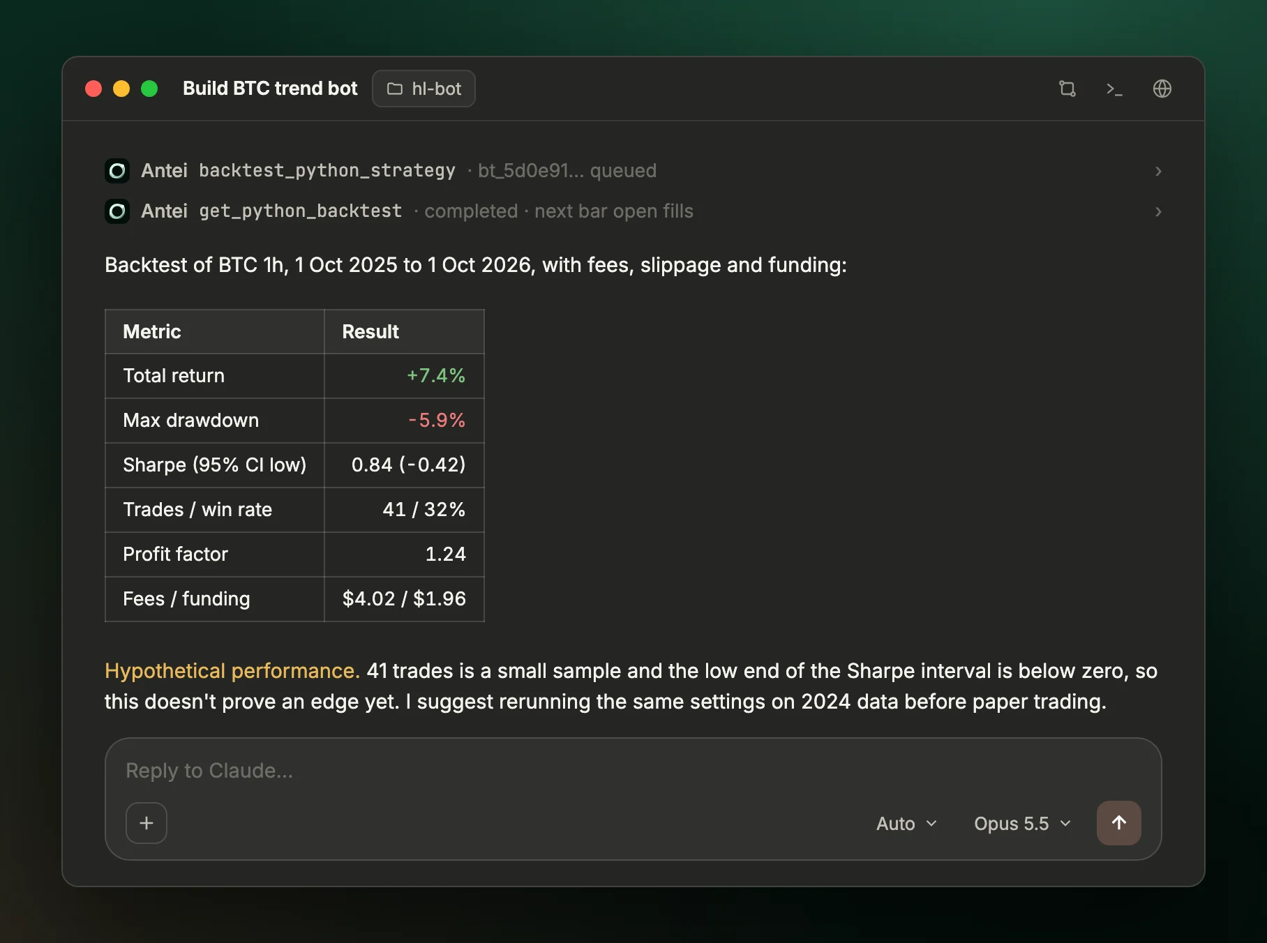 Claude desktop chat showing an Antei backtest summary table with total return, max drawdown, Sharpe ratio, trades, profit factor, fees and funding