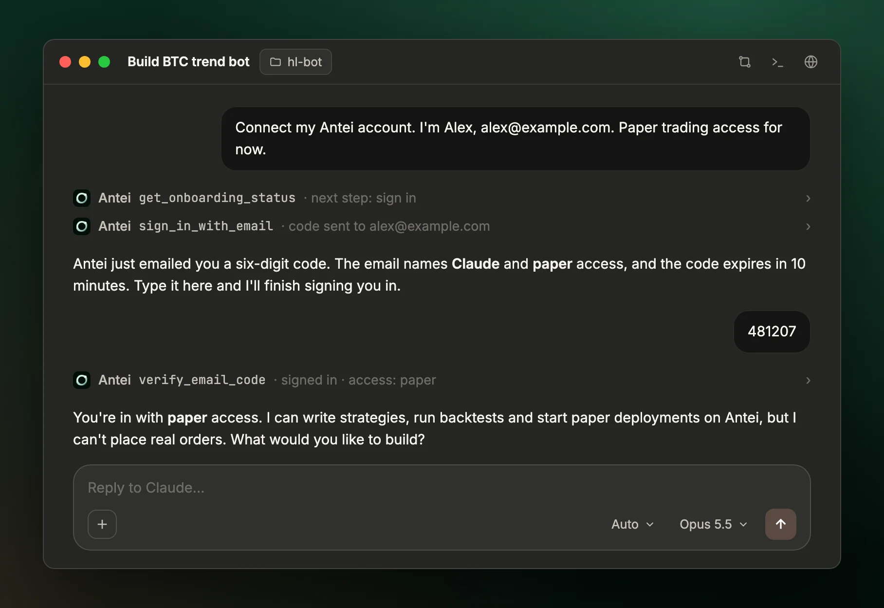 Claude desktop chat where Claude uses Antei tools to email a sign-in code, the user types the six-digit code, and Claude confirms paper access