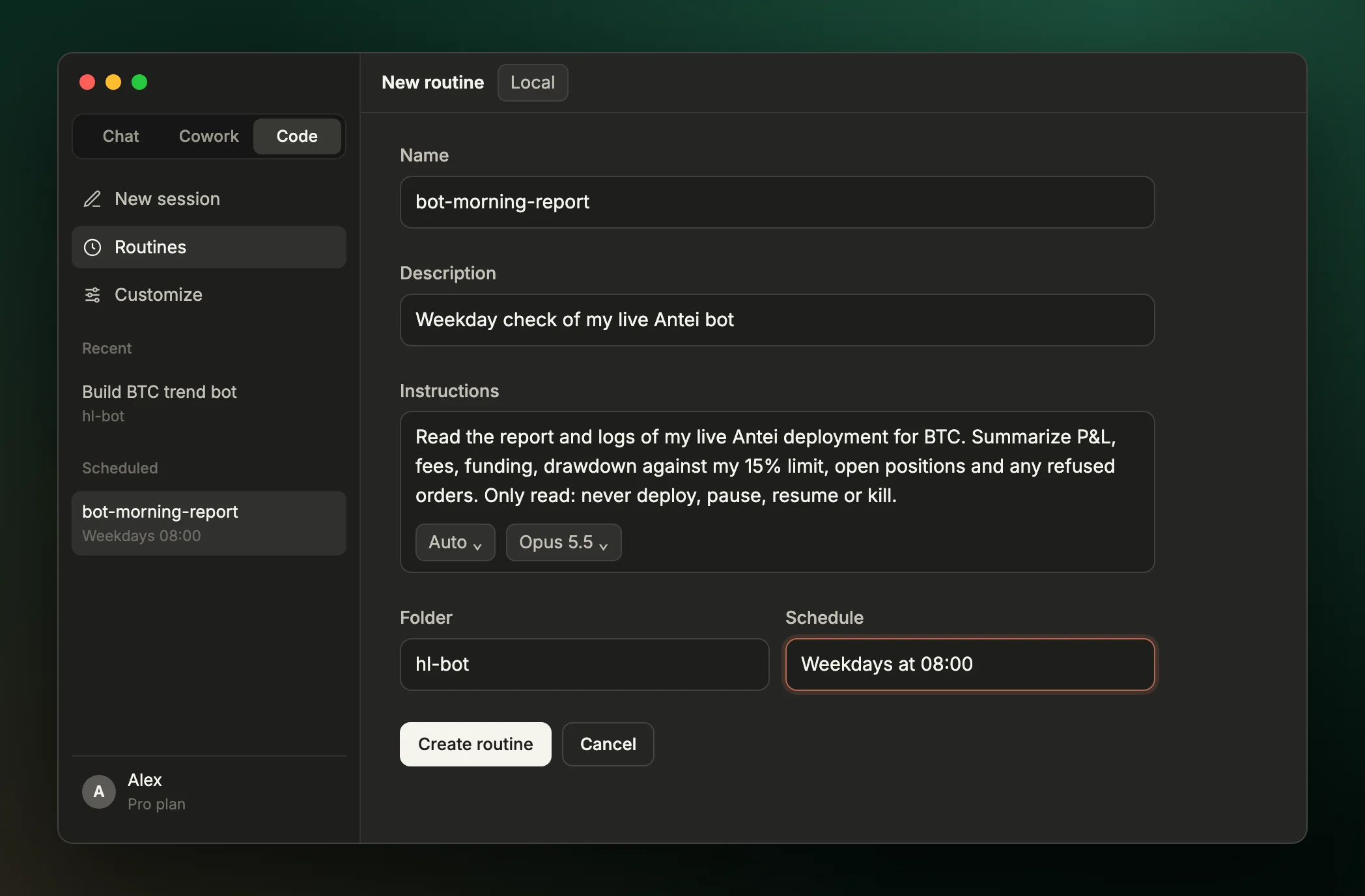 Claude desktop New routine form with the name bot-morning-report, read only instructions for the Antei bot, the hl-bot folder and a weekday 08:00 schedule