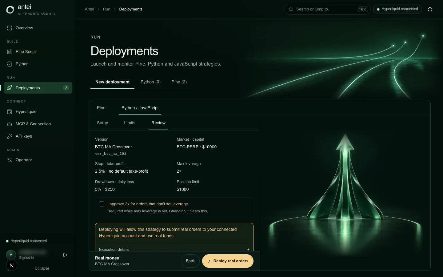 Live review states that the deployment can submit real orders and surfaces the confirmed limits beside the selected version.