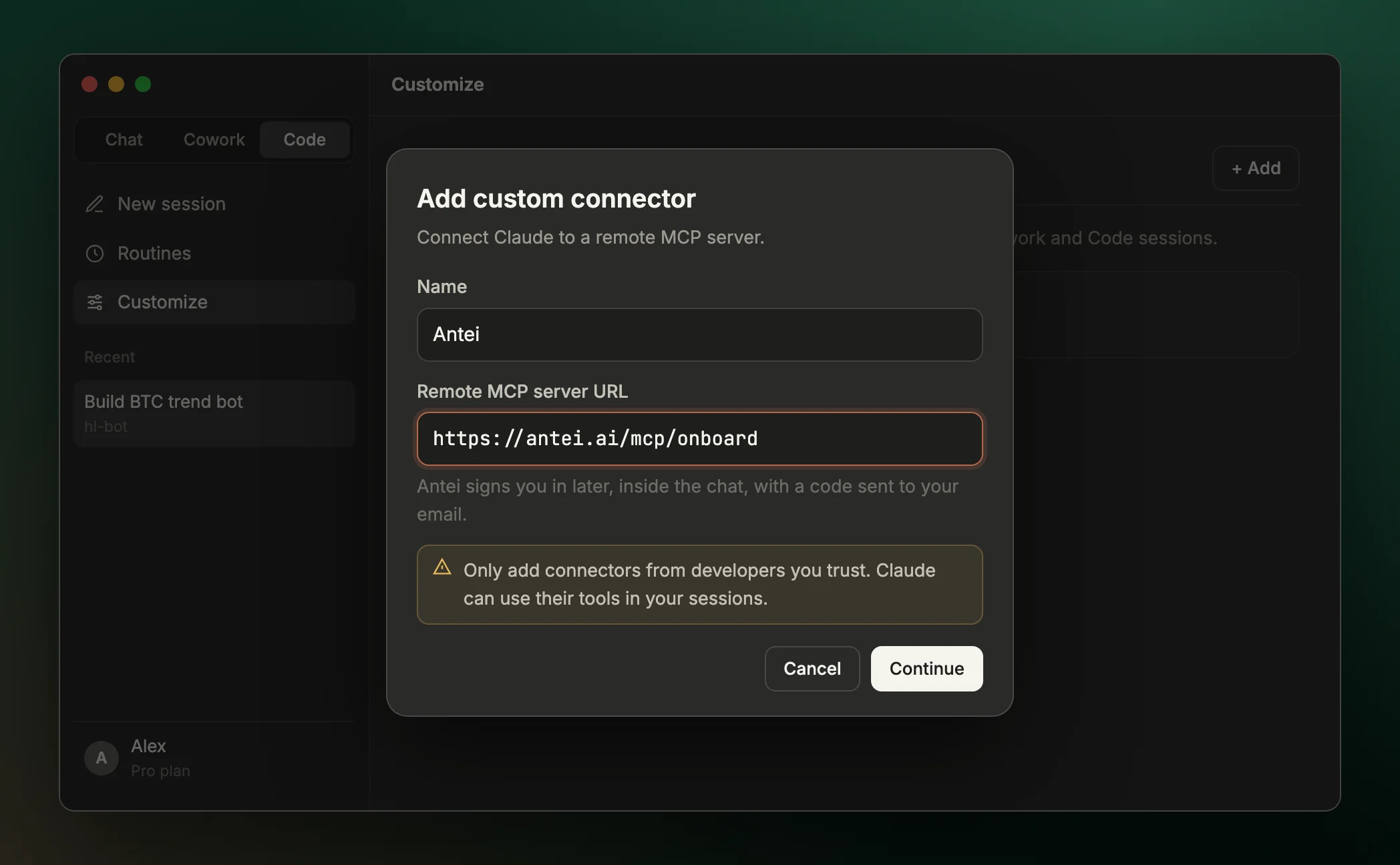 Add custom connector dialog in the Claude desktop app with the name Antei and the URL https://antei.ai/mcp/onboard
