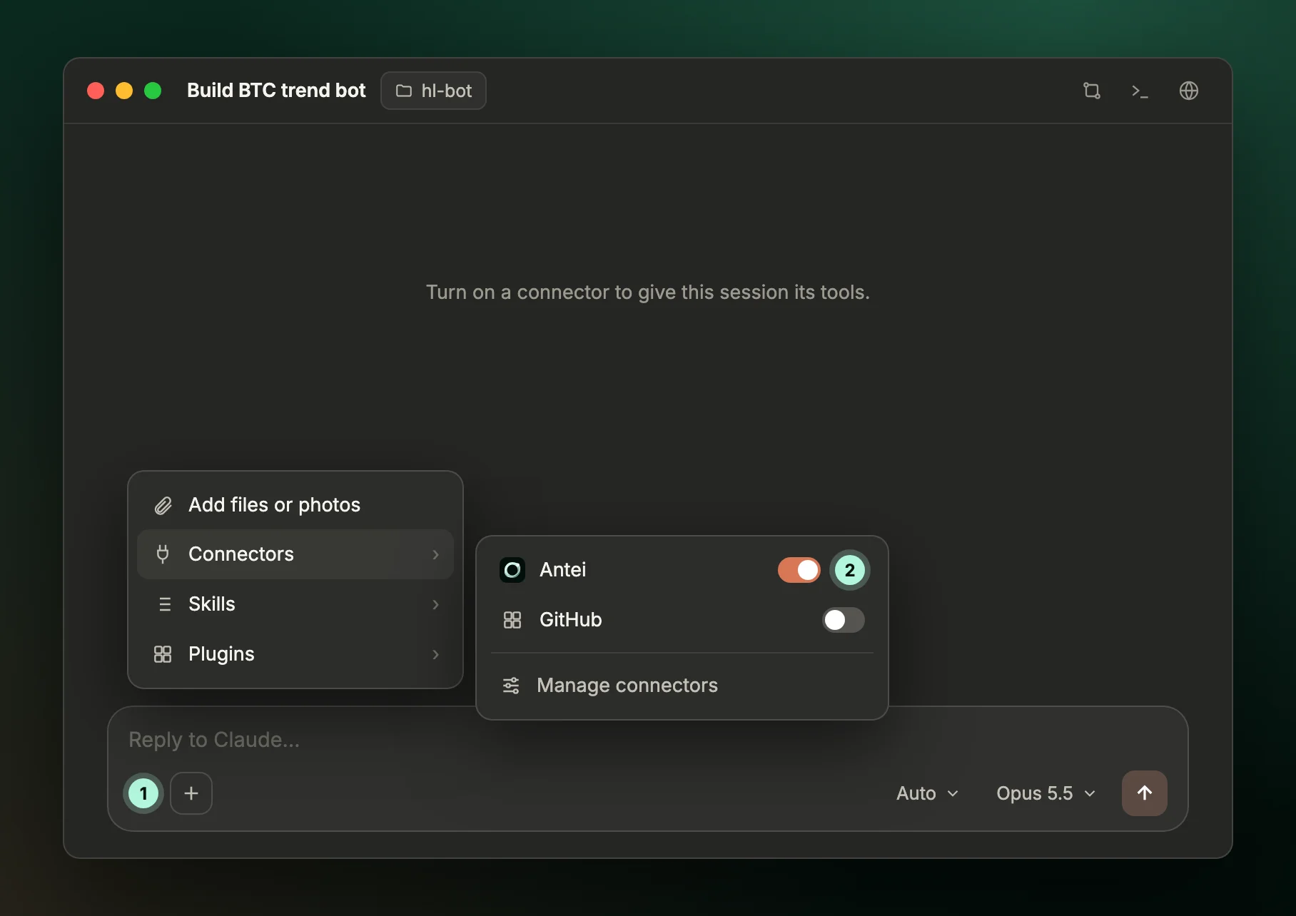 The plus menu in the Claude desktop prompt box with Connectors open and the Antei connector switched on