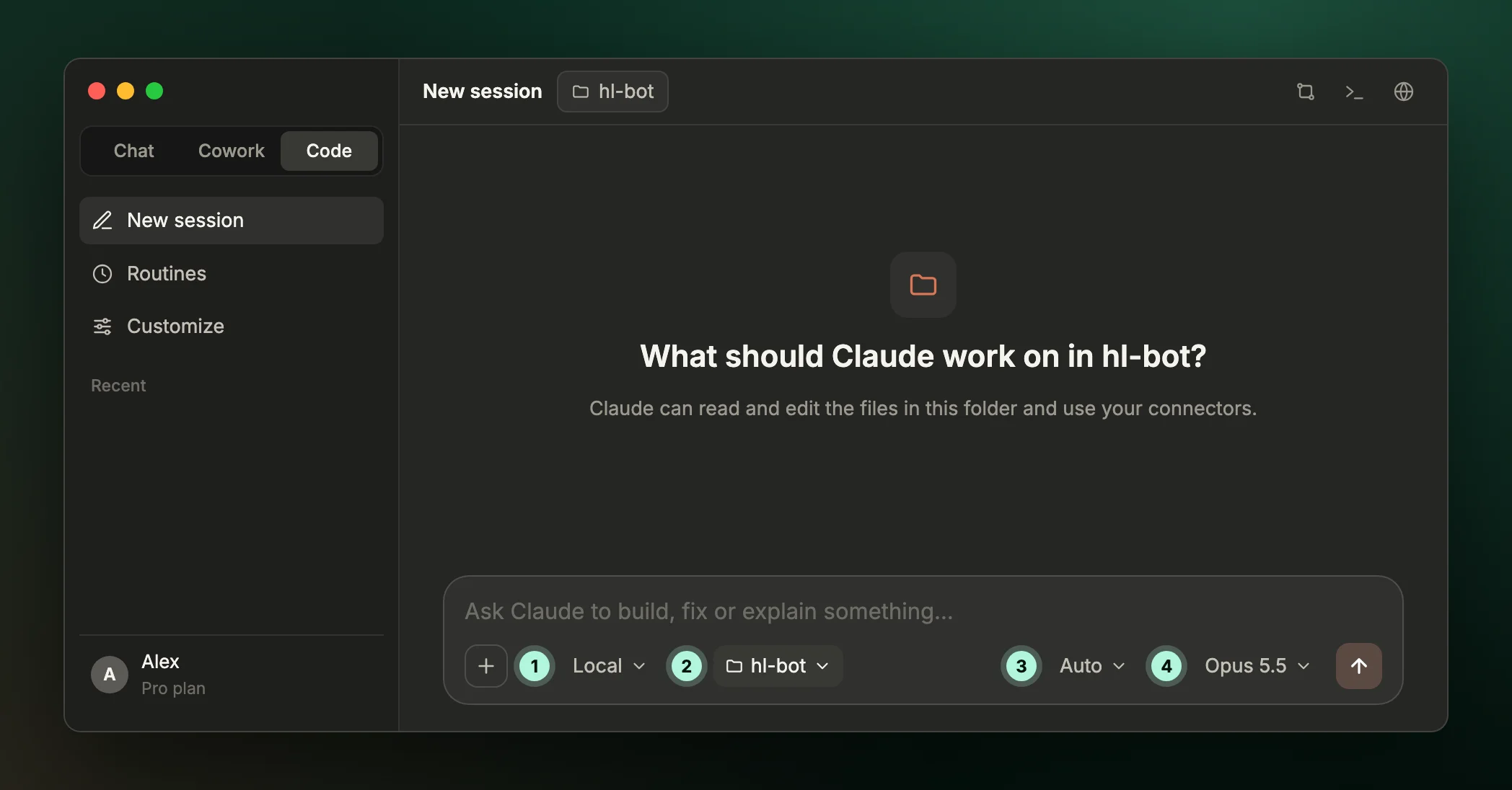Claude desktop app in dark mode showing the Code tab with a new session, the Local environment, the hl-bot folder, Auto mode and the model selector