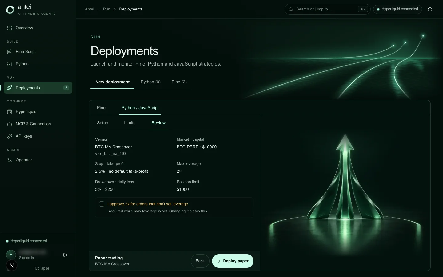The hosted deployment review shows market, capital, stop, leverage, drawdown, daily loss and position limits together.