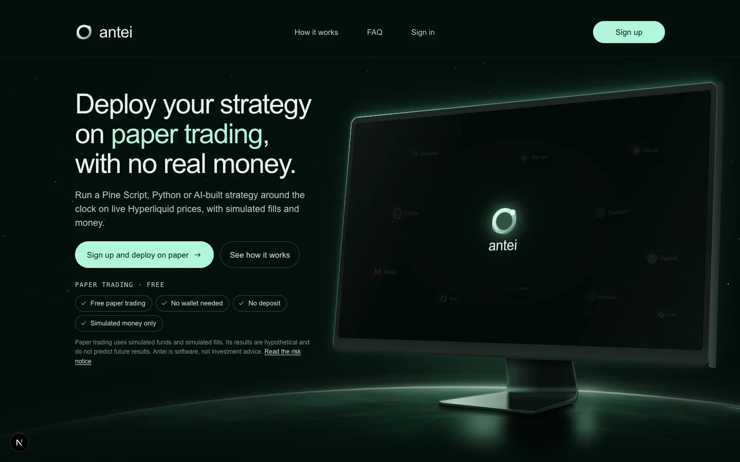 The public product page explains the simulated environment before account setup.