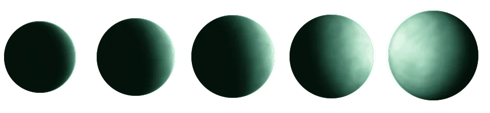 Five mint-lit planets, progressing from shadow into light